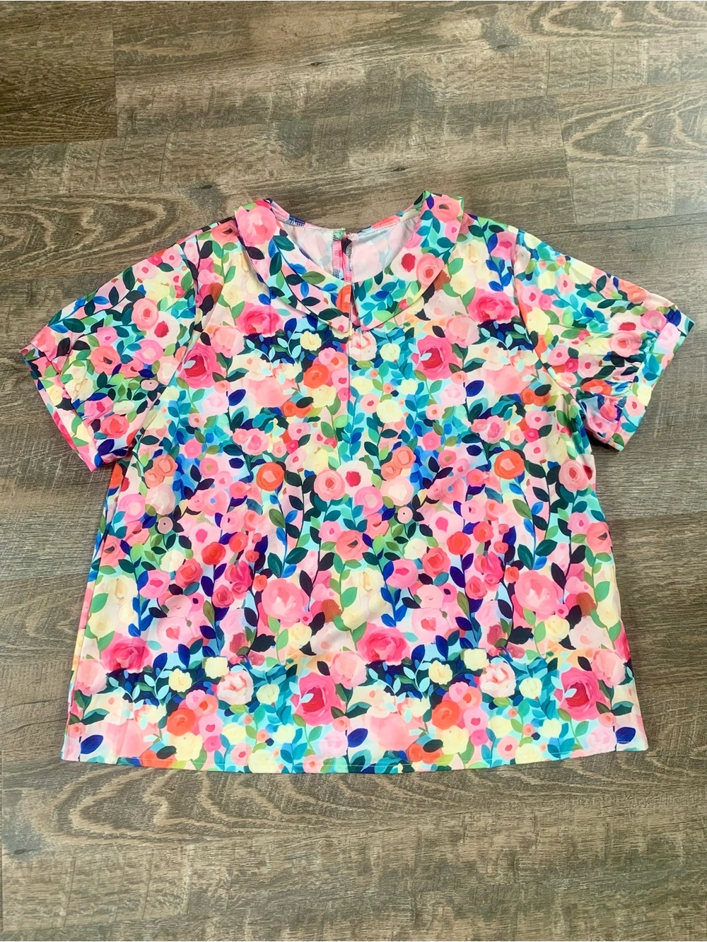 Floral Maximalism Business Casual Short-Sleeve Top in Pink Multi - Picture 2 of 7
